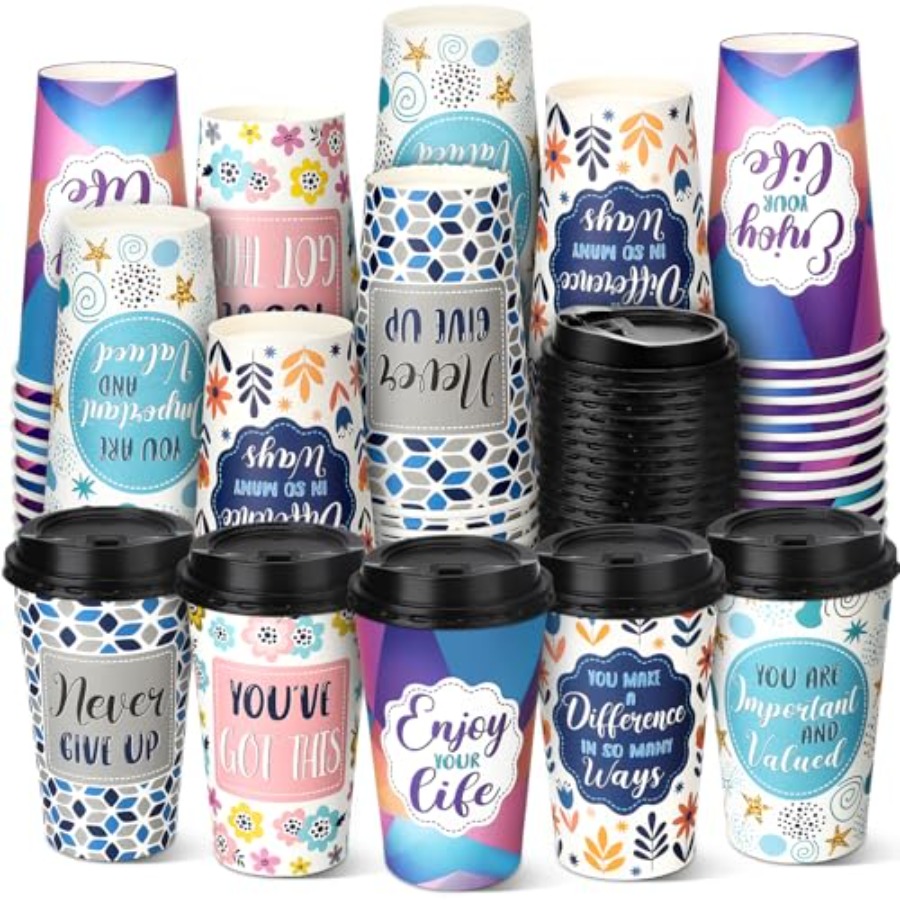 Coffee Tea Quotes - 100 Pack 16 oz Disposable Coffee